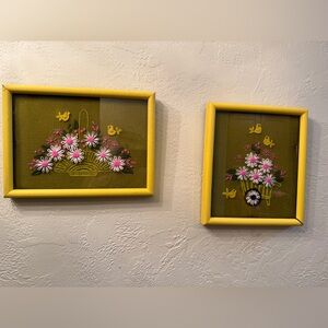 1970’s Studio Twelve Yellow Pink White Floral Embroidered Wall Art Set Framed